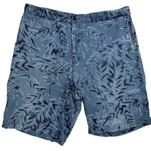 Faconnable Linen Blend Shorts Mens 38 Blue Tropical Leaf Casual Summer Shorts